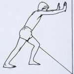 Good for stretching hip and knee. Keep back leg straight, with heel on floor and turned slightly outward, lean into wall until a stretch is felt in calf. Hold 10 seconds. Repeat 5 times.