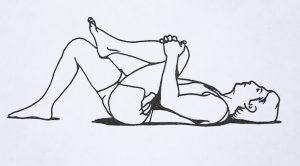 Pull one knee in to chest until a comfortable stretch is felt in the lower back and buttocks. Repeat with opposite knee. Hold 10 seconds. Repeat 10 times on each side.